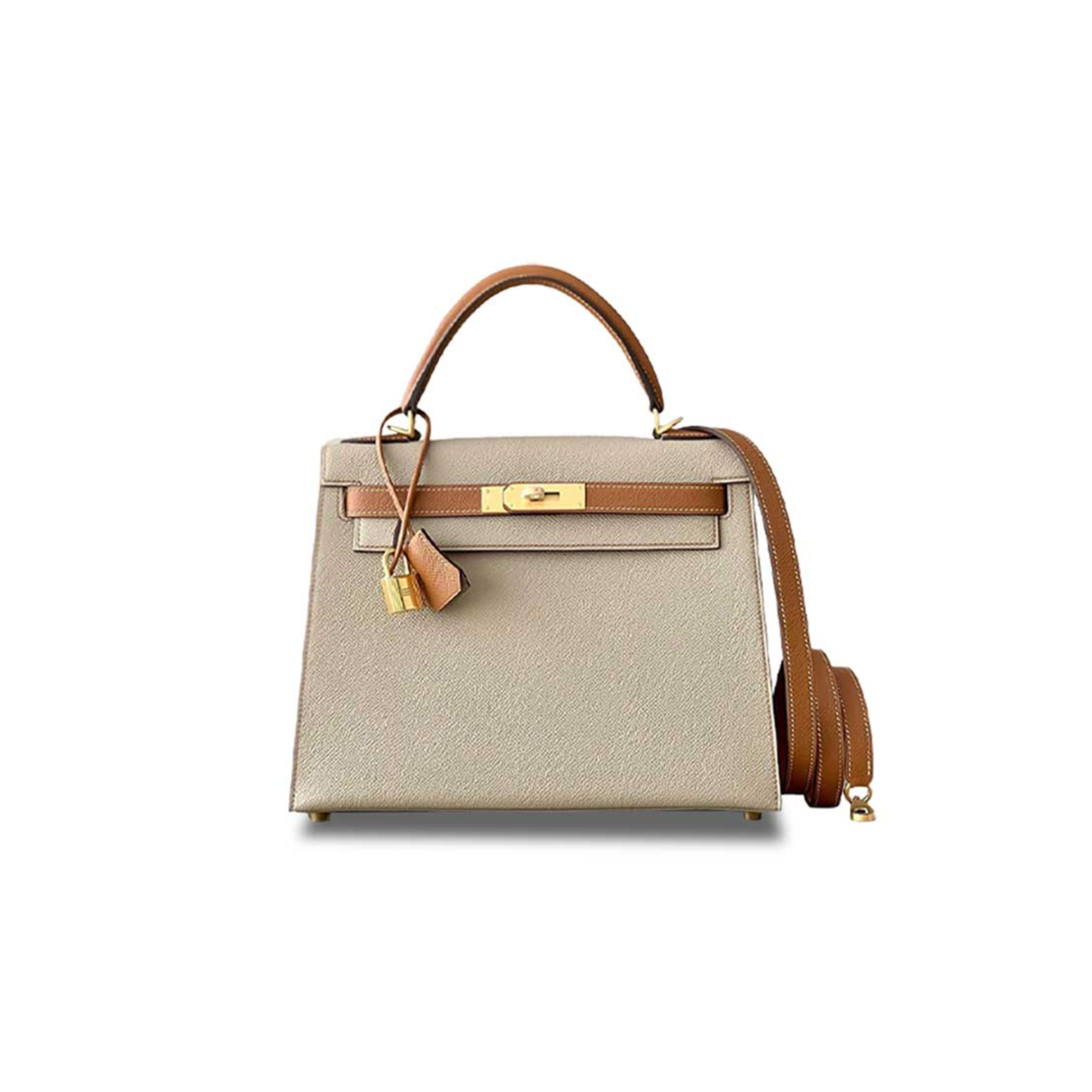 HERMÈS KELLY 25 EPSOM TRENCH COAT GRAY WITH GOLD BROWN GOLD BUCKLE (25*17*7cm)